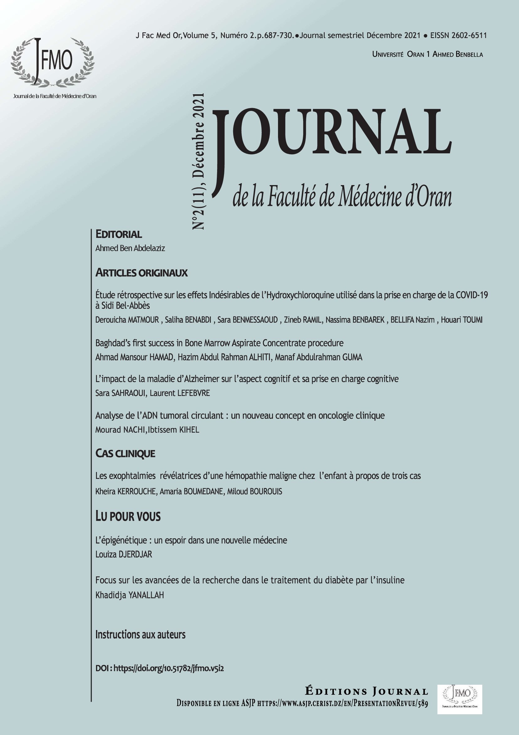 Le Journal de La Faculté De Médecine d'Oran (JFMO) Volume 05 / Number 02 / Published on December 2021.